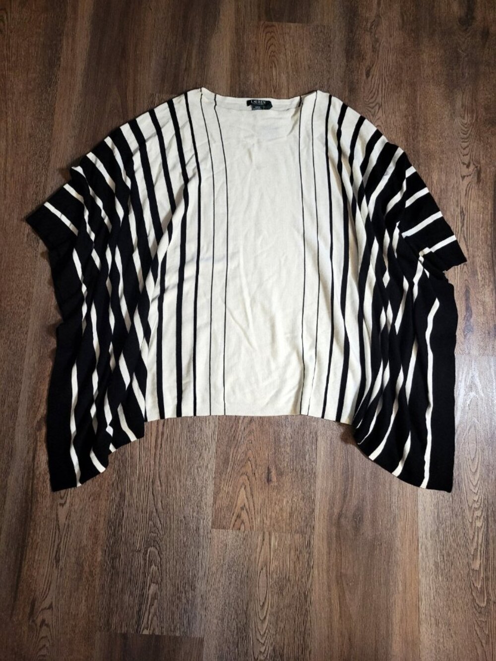 Lauren Ralph Lauren Poncho Black & Pearl White Striped Cotton Modal Coverup OSFM